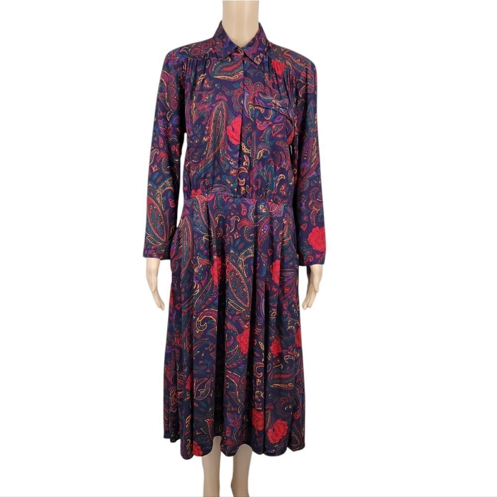 Tareti Red Purple Green Paisley Vintage 90s Shirt Dress